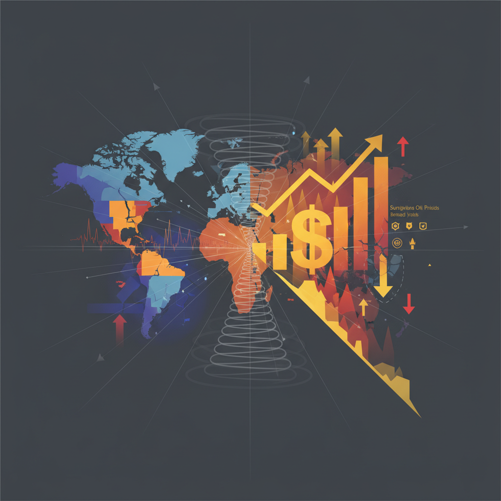A sophisticated, conceptual image illustrating macroeconomic pressures. On one side, abstract graphi