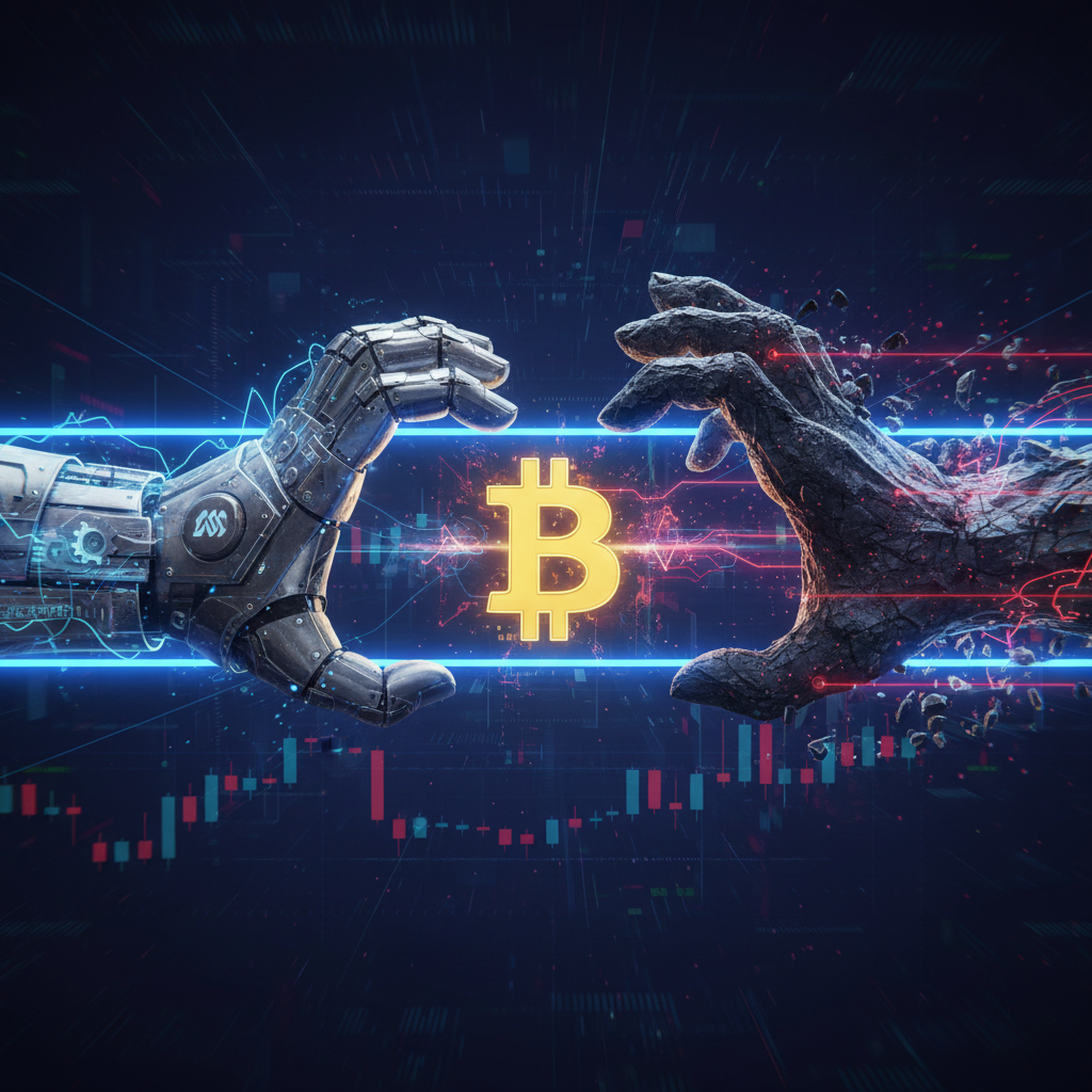 A visual representation of conflicting forces in the Bitcoin market. A prominent Bitcoin symbol is c
