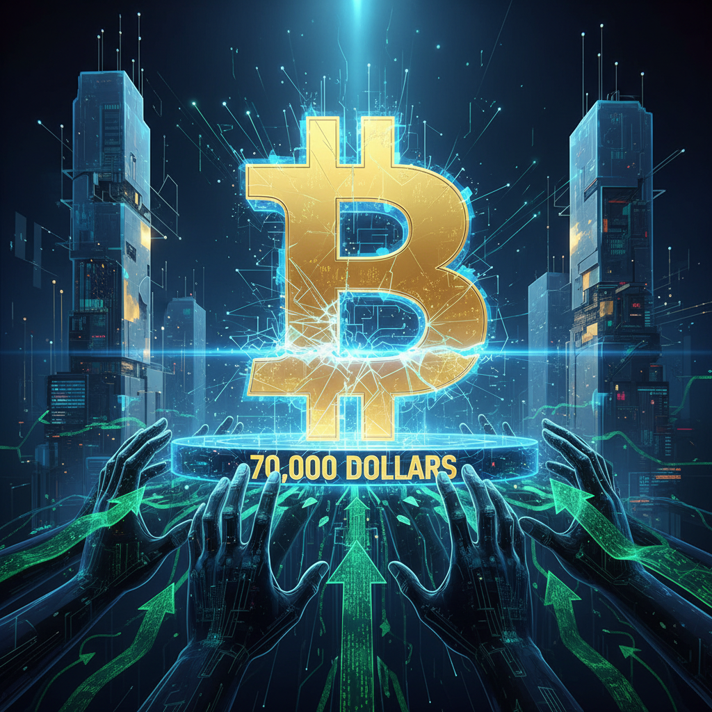 A powerful and abstract digital illustration depicting a large, glowing Bitcoin symbol at the center