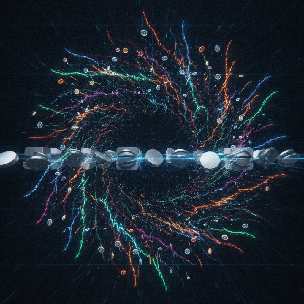 An abstract visual representation of several small, brightly colored, energetic digital coins or tok