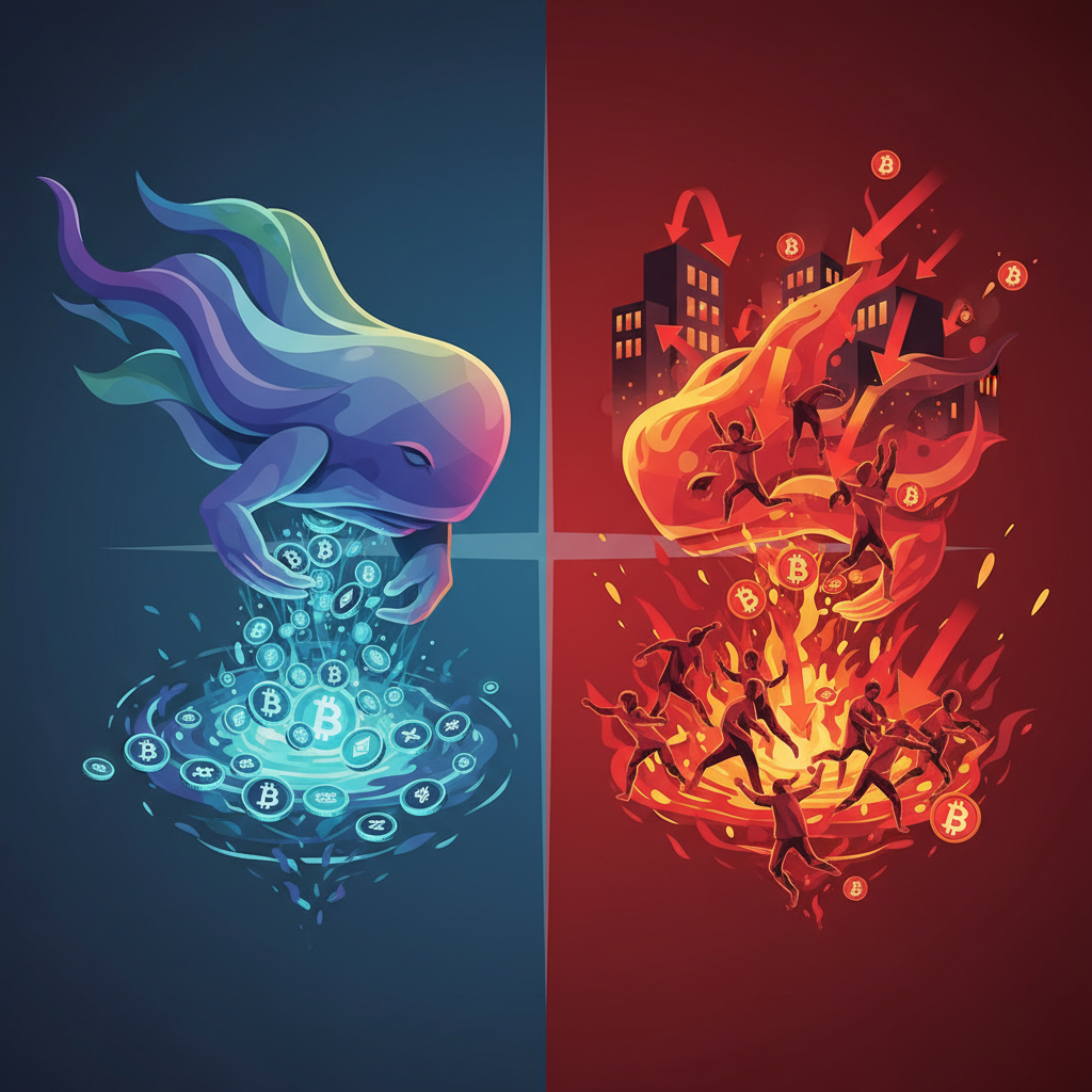 A symbolic image depicting contrasting investment behaviors in the crypto market. A massive, calm, a