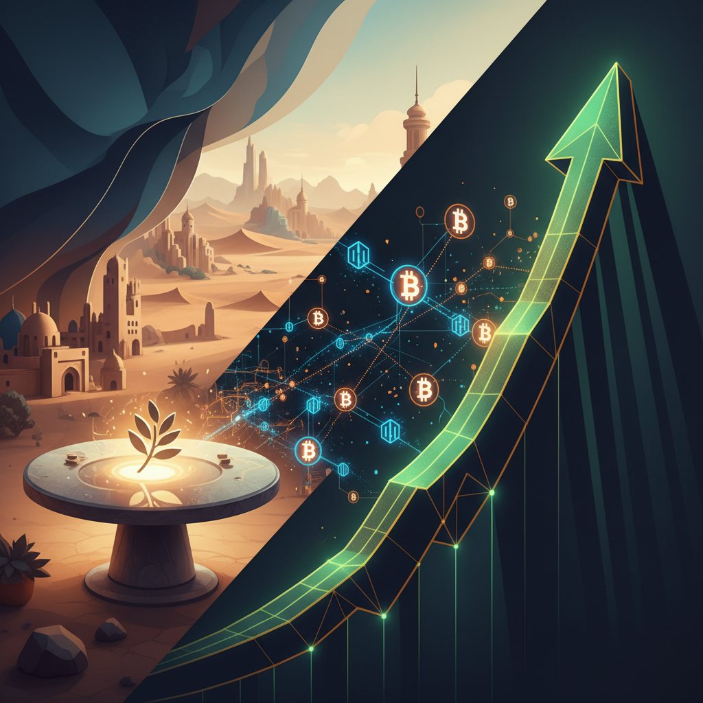 A visually striking digital artwork representing two opposing global economic forces. On the left, a