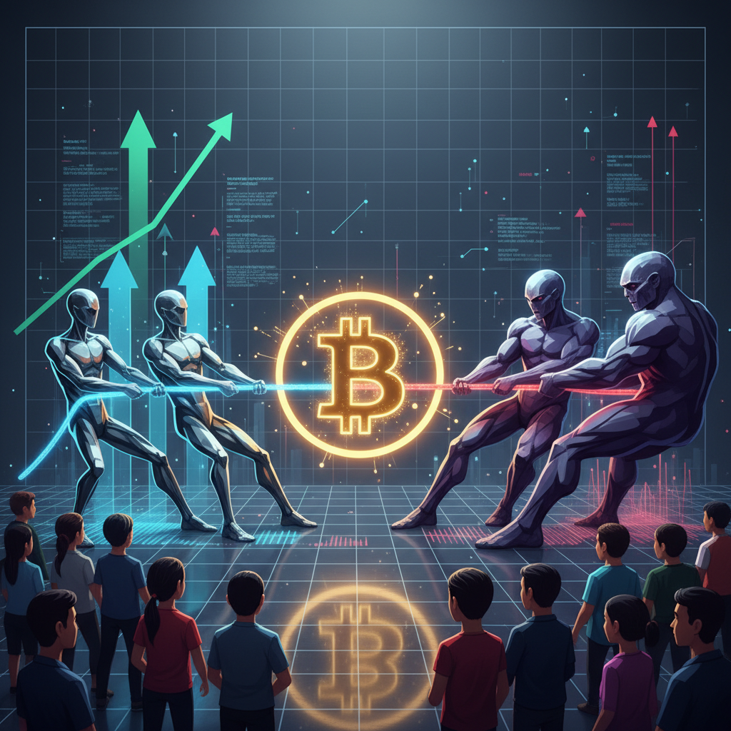 A stylized, high-tech depiction of a tug-of-war over a glowing Bitcoin symbol in the center. On one 
