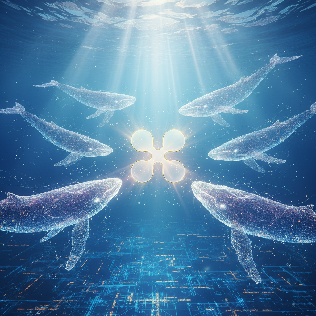 A serene and majestic digital art illustration of large, ethereal 'whale' figures, made of glowing d