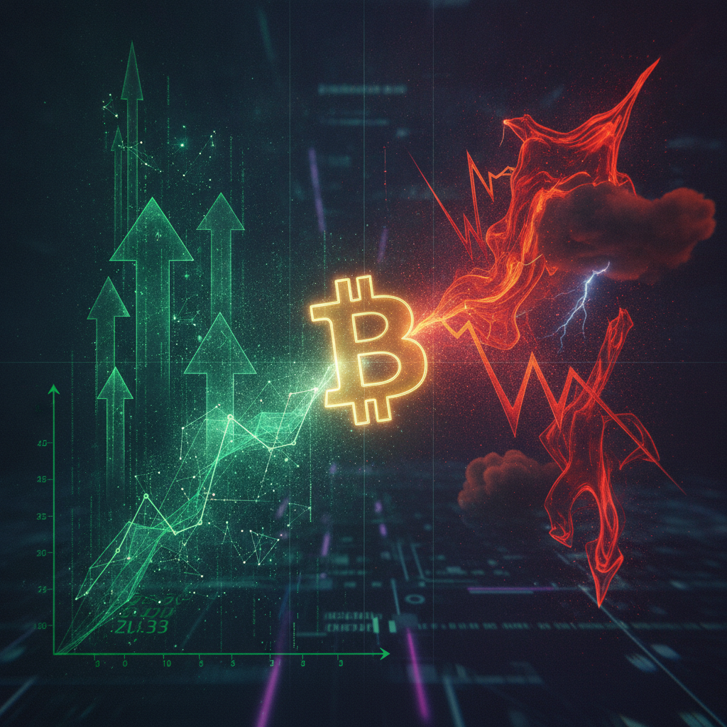 A conceptual digital artwork illustrating the tension between bullish signals and macroeconomic unce