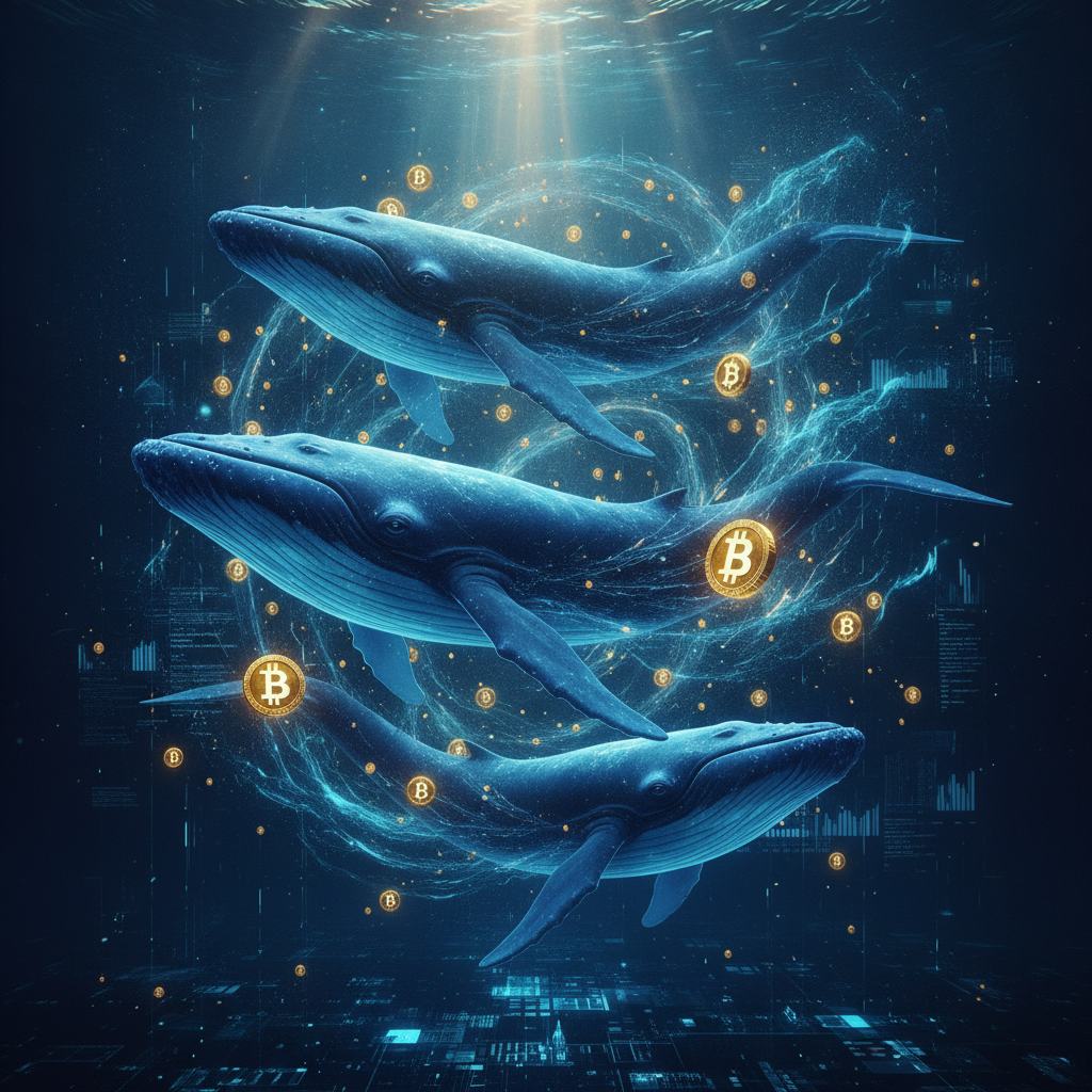 Majestic, luminous blue whales gracefully swimming through a deep, vast digital ocean. Around them, 