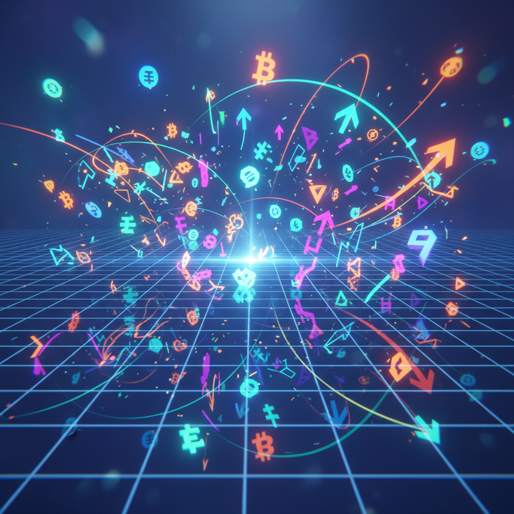 A dynamic and diverse array of abstract cryptocurrency symbols in motion, representing the altcoin m