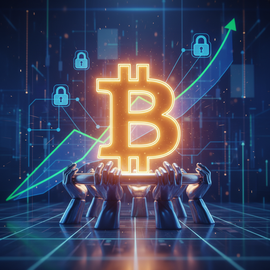 A prominent, glowing Bitcoin symbol (BTC) at the absolute center, radiating stability and strength. 