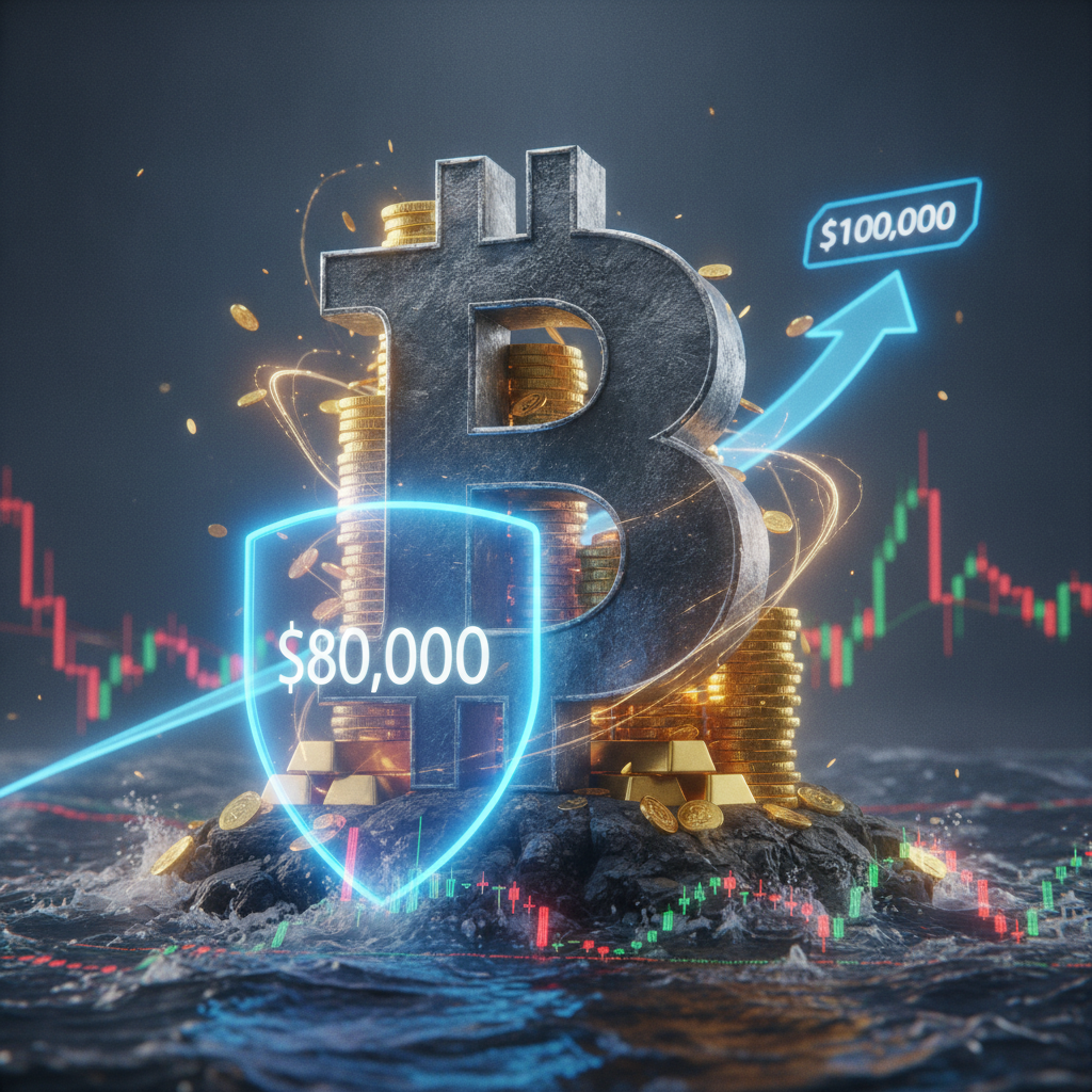A powerful, majestic Bitcoin symbol standing firm like a fortress, with a digital shield displaying 