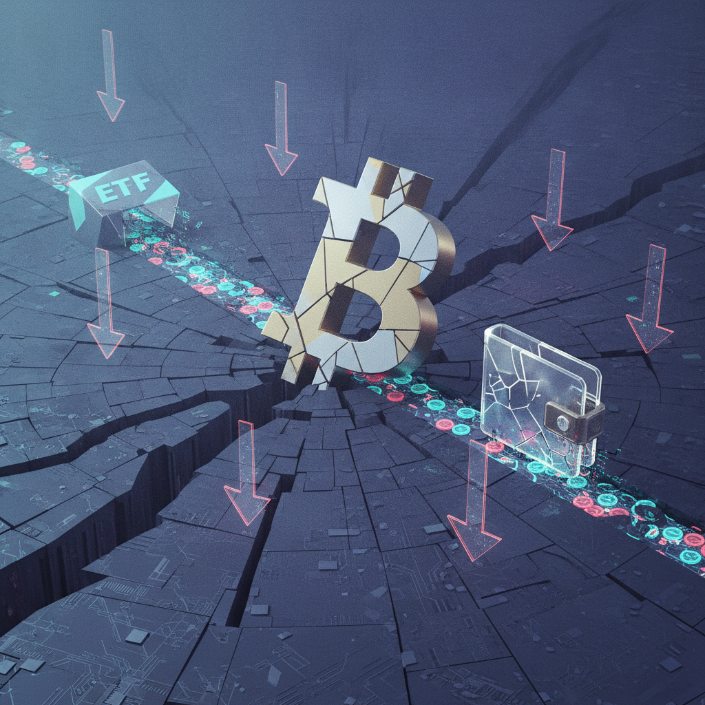 An abstract visual representation of the cryptocurrency market in a 'bottoming out' phase. A large, 