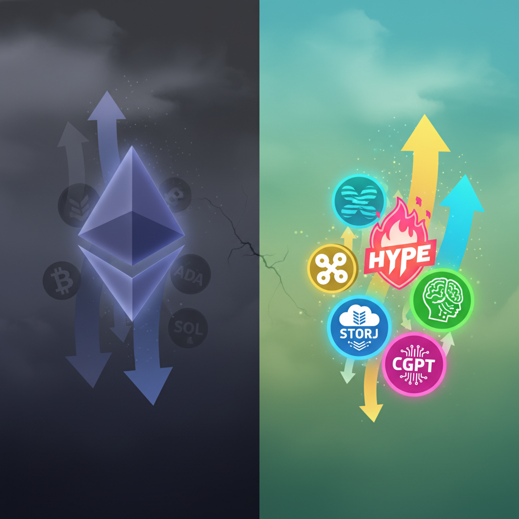 A contrasting image depicting the crypto market dynamics. On one side, a large, slightly dim or 'str