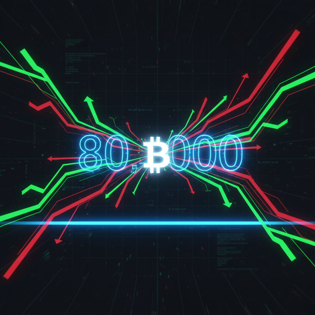 An abstract digital visualization depicting Bitcoin's intense price struggle around the $80,000 mark