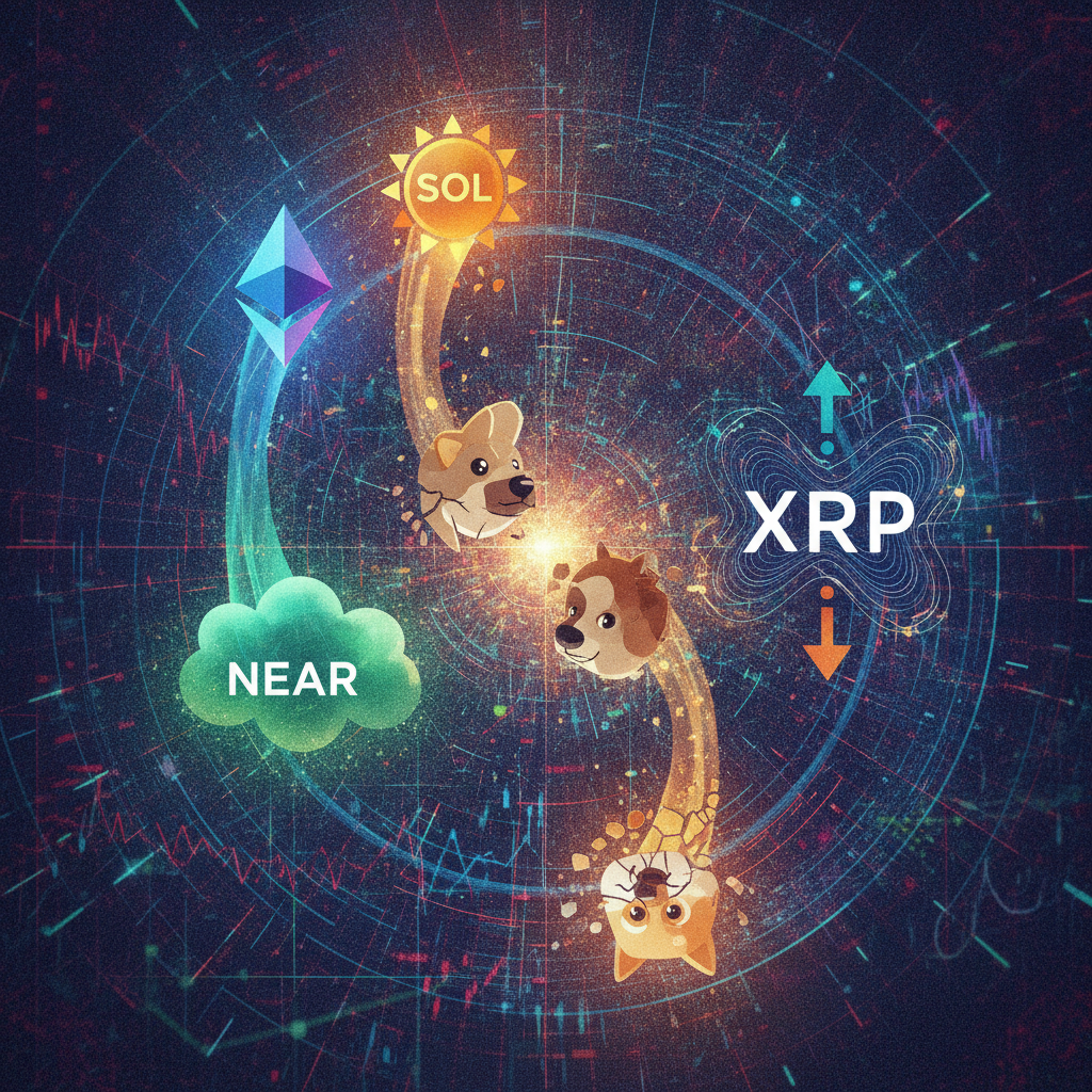 A dynamic and abstract visualization depicting the volatile 'altcoin war'. Various recognizable cryp