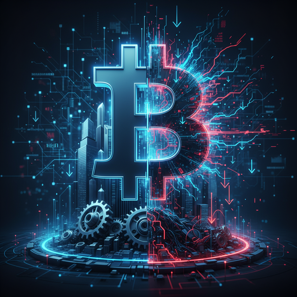 A powerful, abstract representation of Bitcoin's dual nature. A prominent, stylized Bitcoin symbol g