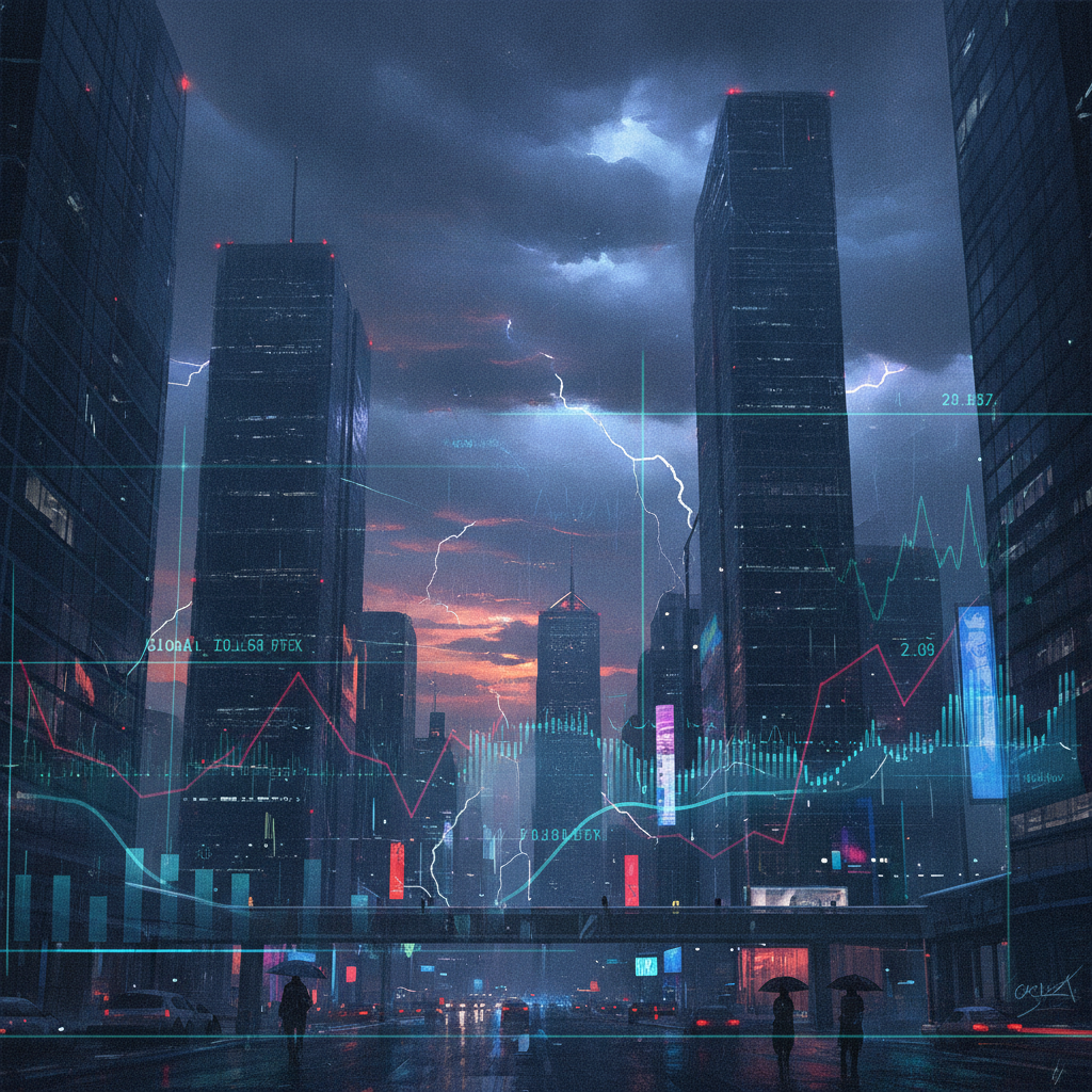 An atmospheric digital painting depicting a modern financial cityscape under a dark, dramatic, and s