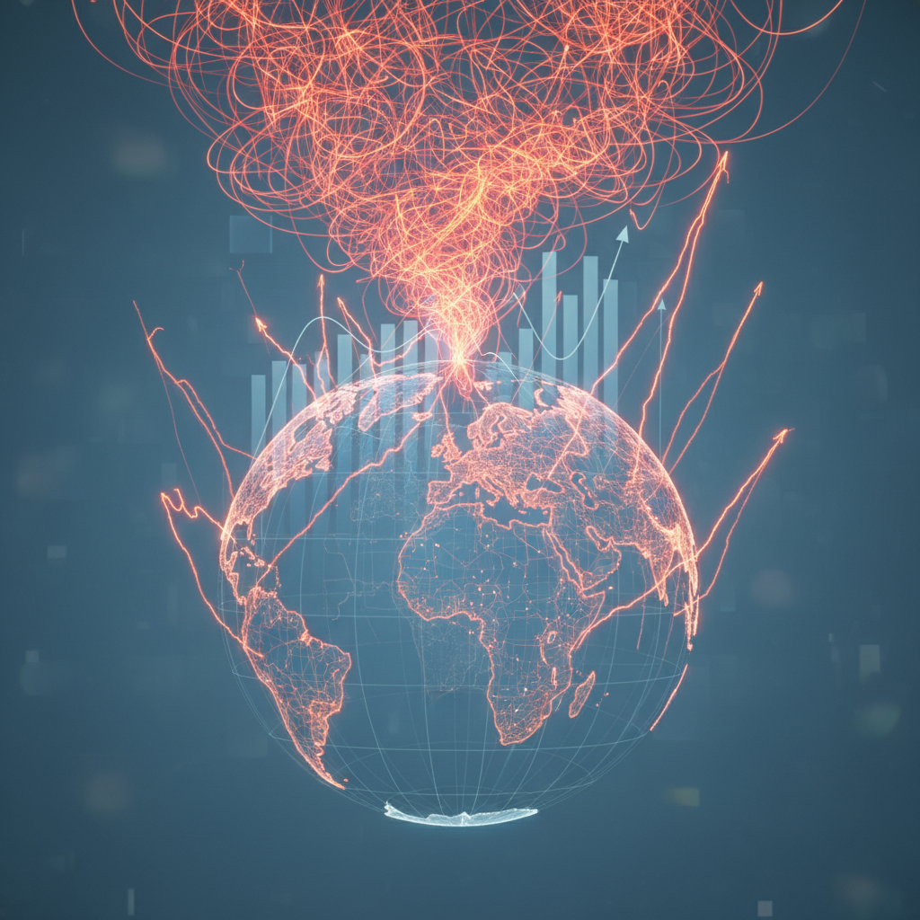 An abstract visualization of global macroeconomic tension. A stylized world map or globe is at the c