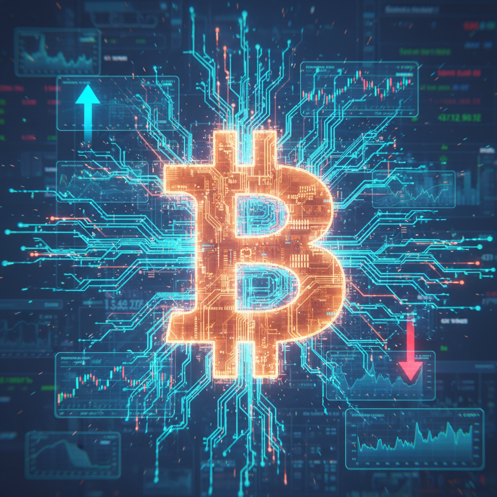 A futuristic, digital art rendering focusing on a large, central Bitcoin symbol. Surrounding it are 