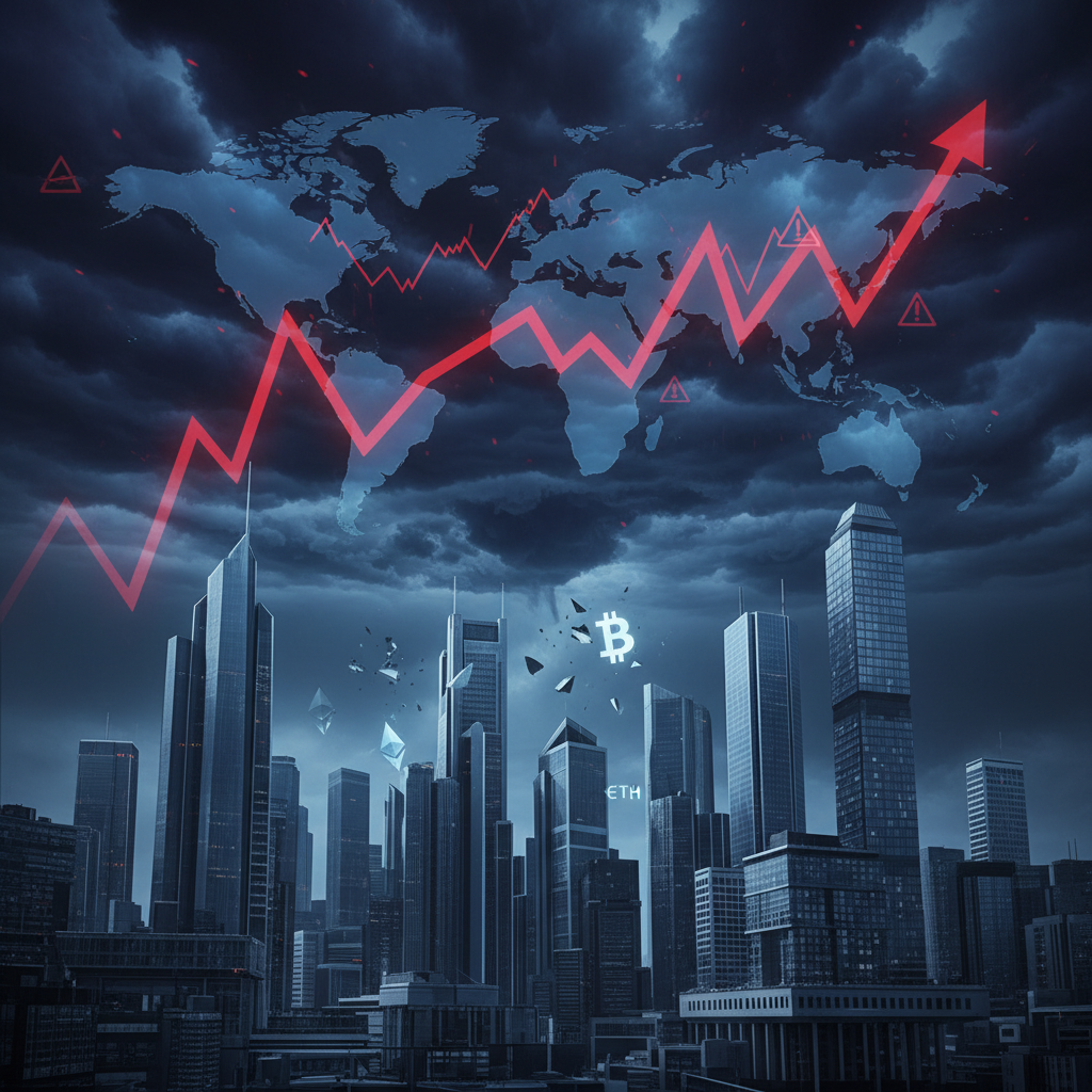 A conceptual image illustrating global economic pressure on financial markets. Dark, turbulent cloud
