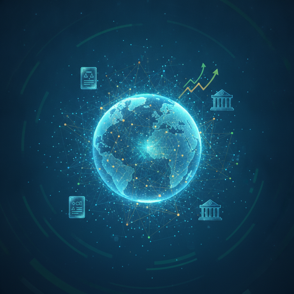 An abstract, high-tech visualization representing global blockchain regulation and institutional ado