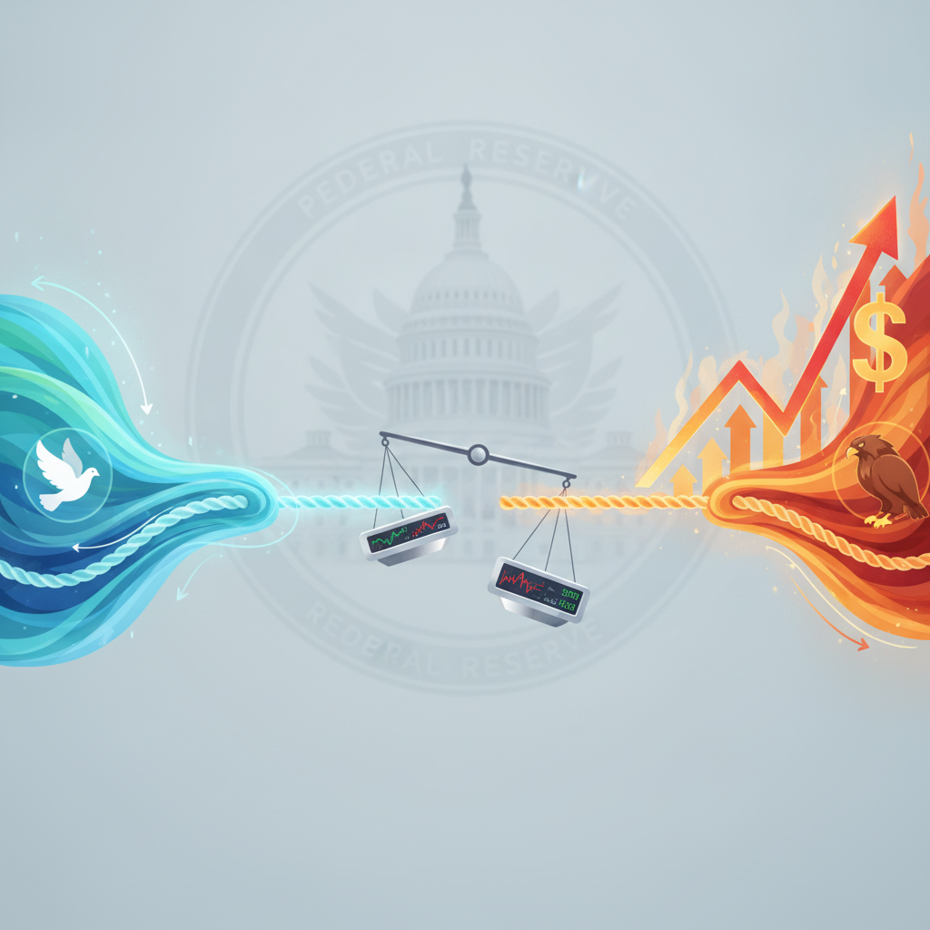 A symbolic illustration depicting a tug-of-war between two powerful, abstract forces. On one side, '