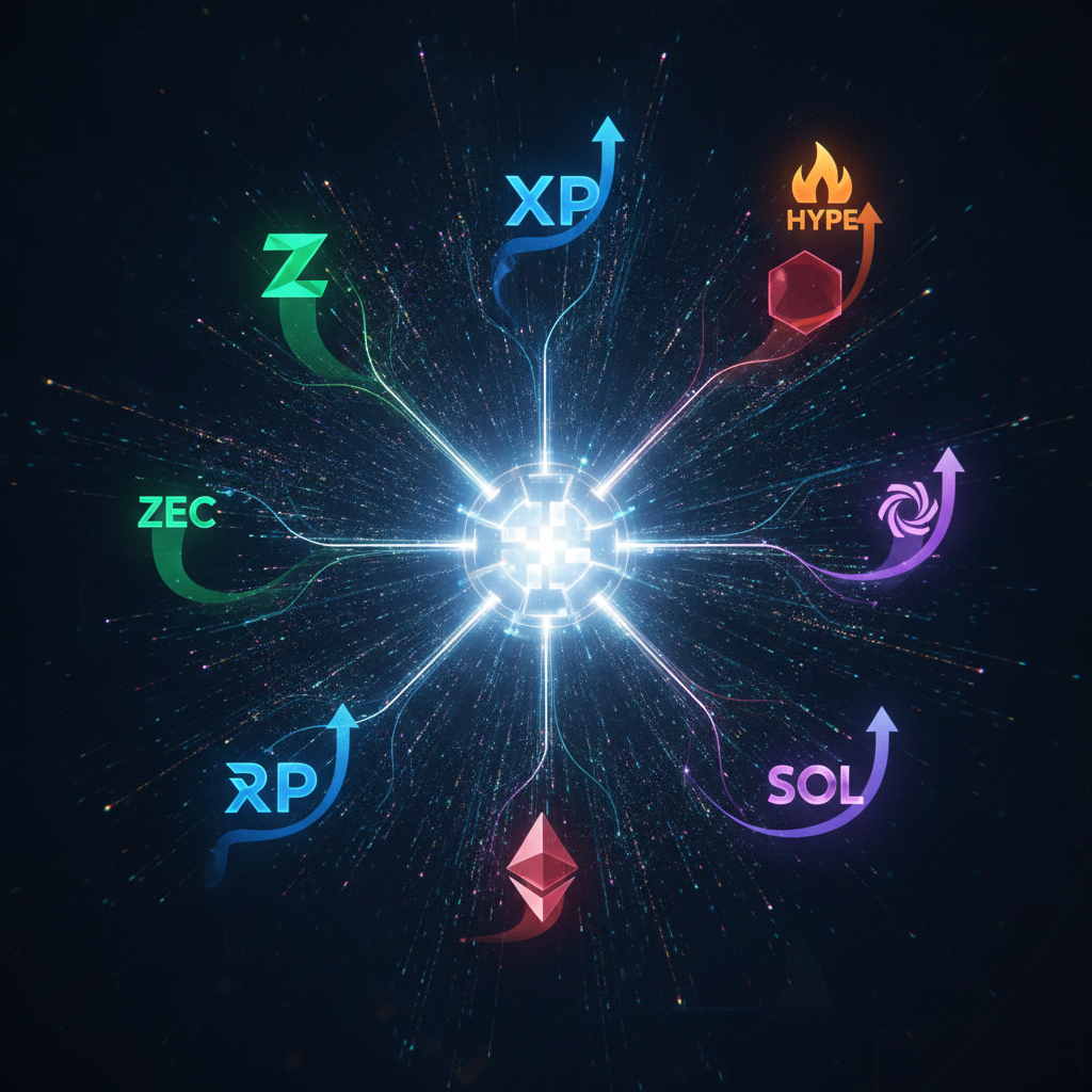A futuristic, interconnected network illustrating the diverse and evolving altcoin market. In the ce