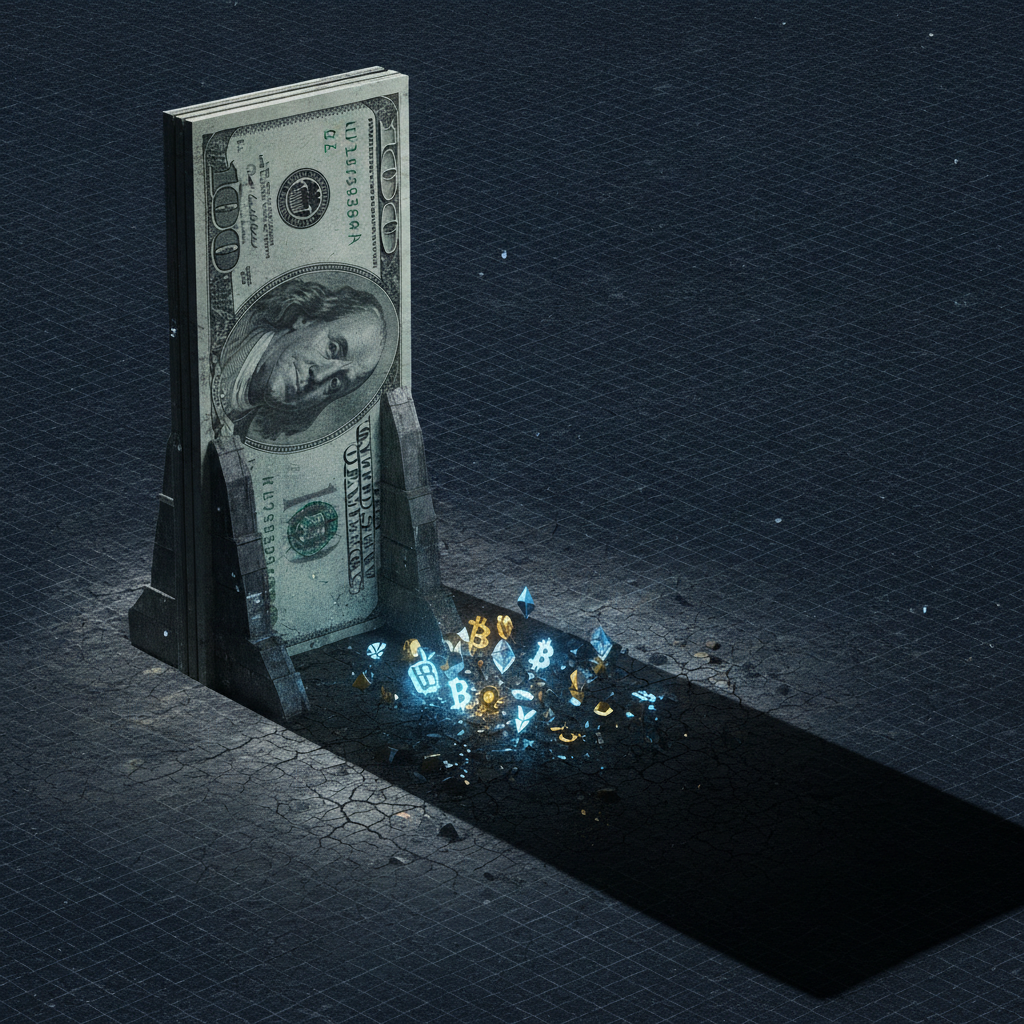 A powerful, imposing image of a towering US dollar bill or a stylized Federal Reserve building casti