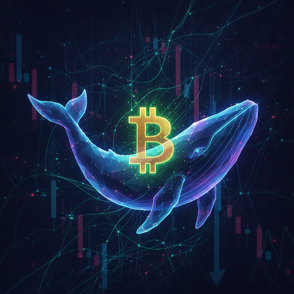 An abstract, dynamic visual representing a volatile cryptocurrency market, with swirling lines and i