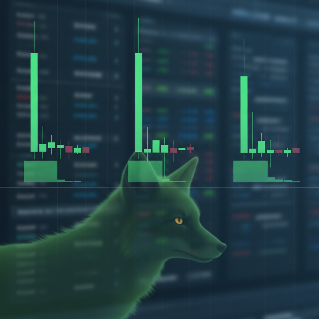 A series of abstract, digital candlestick charts illustrating a sharp, explosive price surge followe