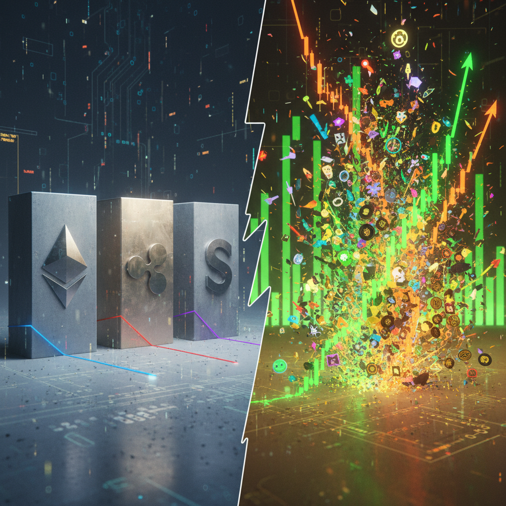 A dynamic contrast illustrating the altcoin market. On one side, established cryptocurrency logos (e