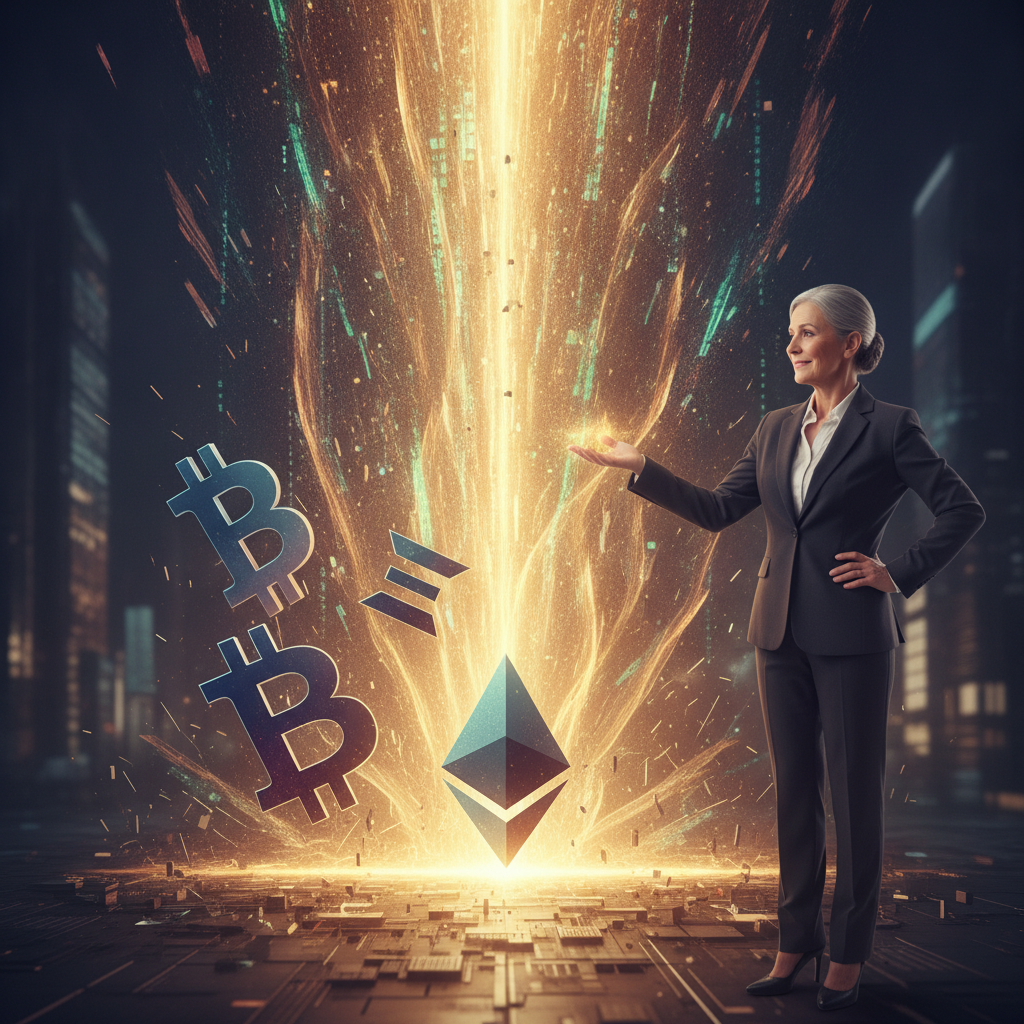 A dynamic visualization of Bitcoin (BTC) and Ethereum (ETH) symbols, initially appearing in a turbul