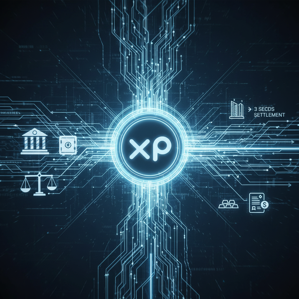 A sleek, glowing XRP logo acts as a central nexus, from which multiple streams of digital data and l