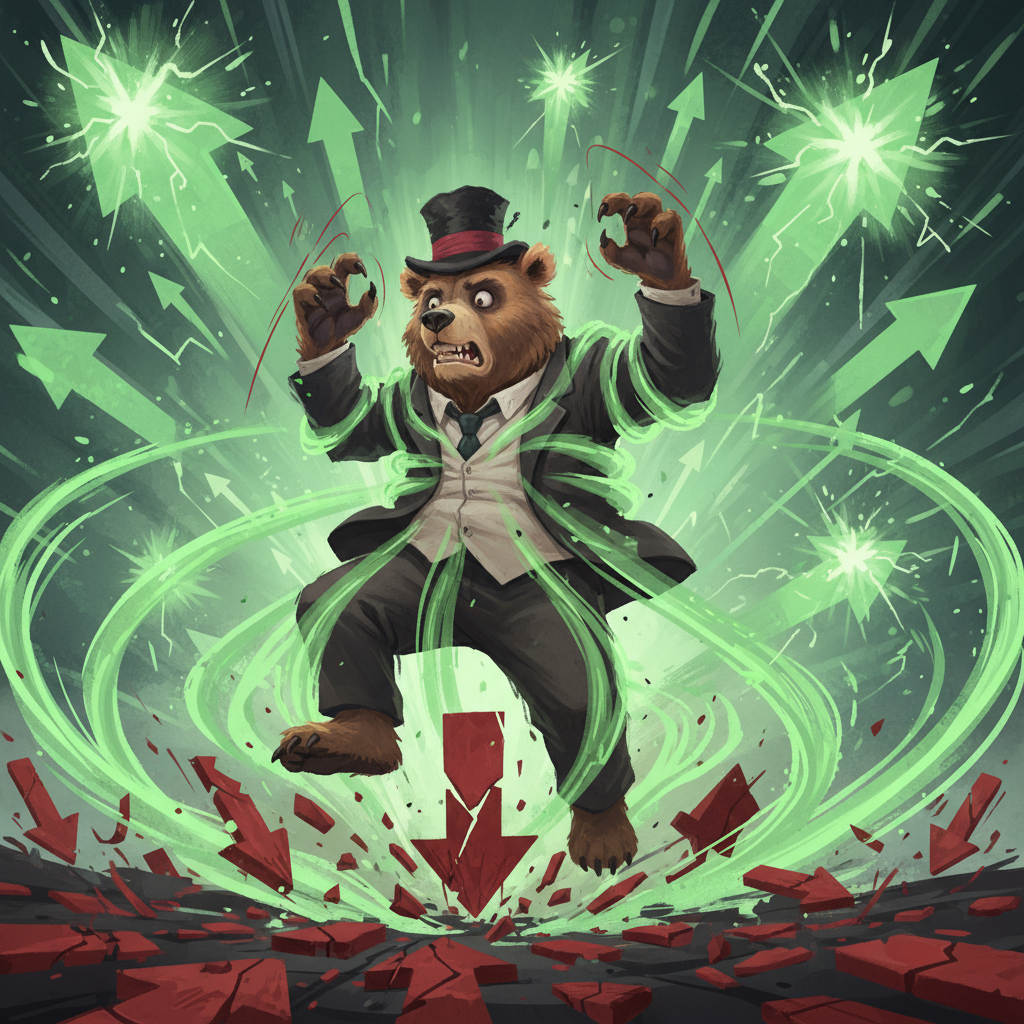 An anthropomorphic bear character, representing 'bearish' short sellers, is being reluctantly lifted