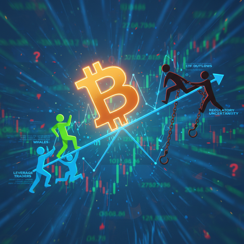 A large, glowing Bitcoin symbol is precariously balanced on a digital scale or a narrow financial gr