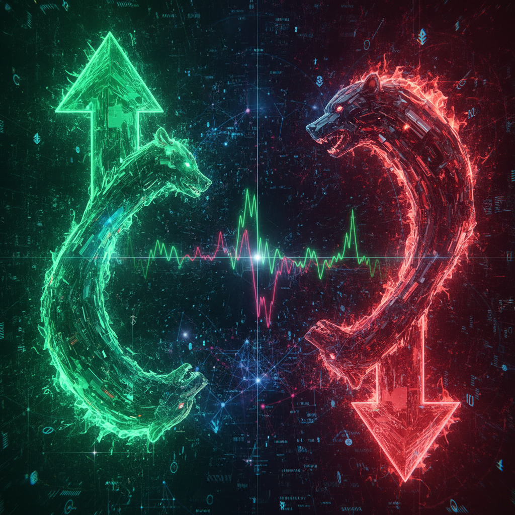 A dramatic and abstract visualization of extreme market volatility in a cryptocurrency derivatives m