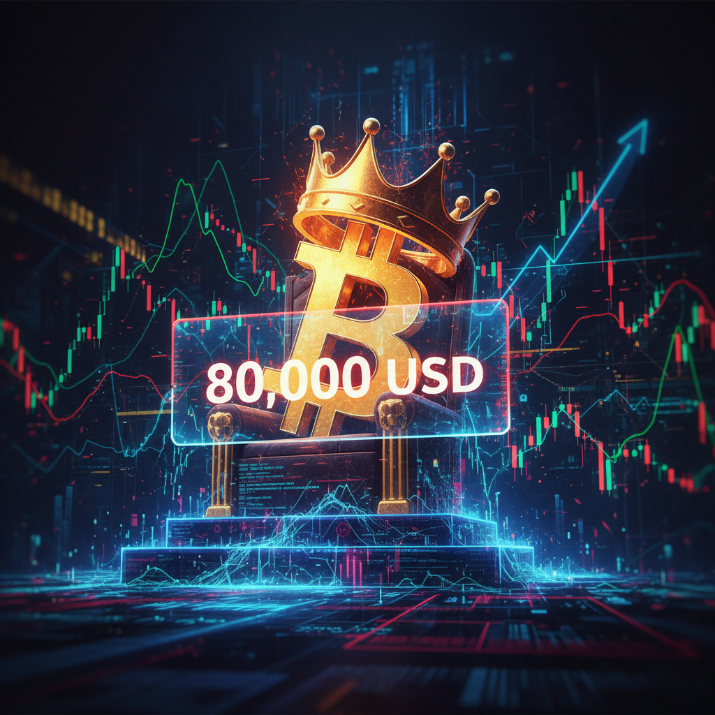 A majestic, digital Bitcoin symbol, stylized as a crown or throne, appears slightly unstable but sti