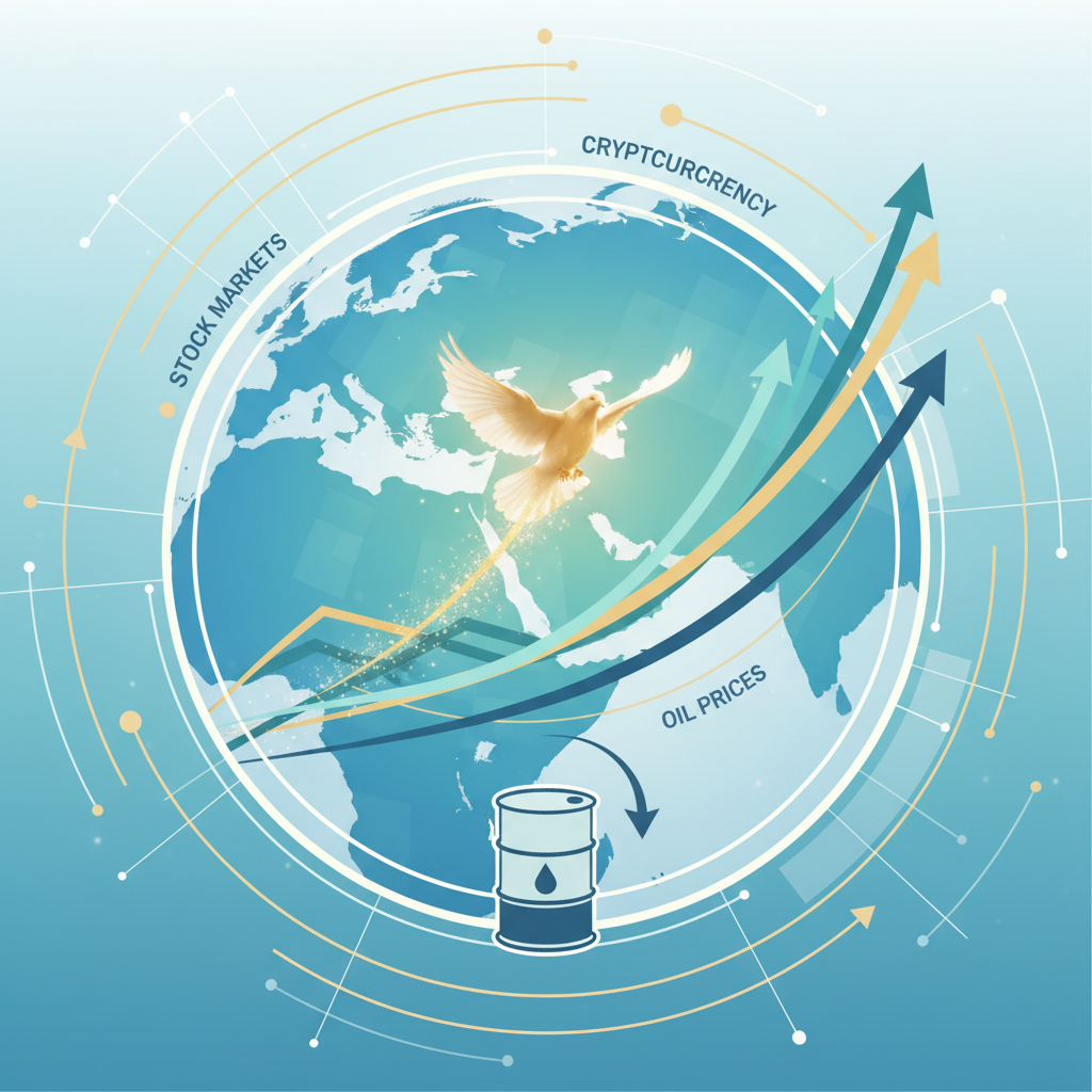 A symbolic image representing global economic recovery driven by peace. A stylized map of the Middle