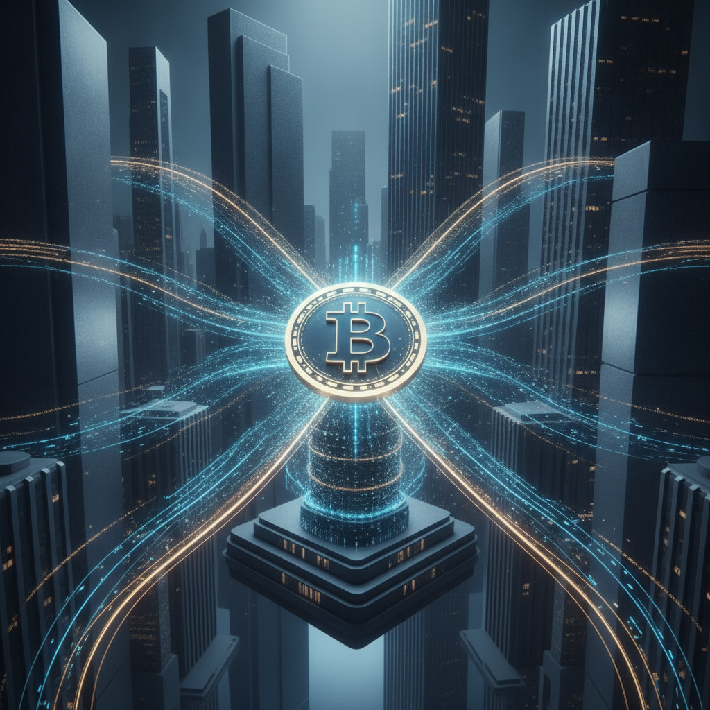A visually striking depiction of institutional investment flowing into Bitcoin. Stylized, sleek, mod