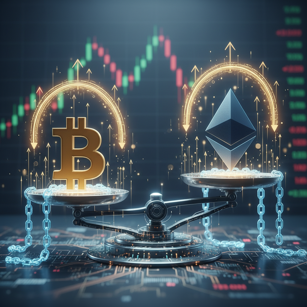 Two iconic cryptocurrency symbols, Bitcoin (BTC) and Ethereum (ETH), are depicted in a delicate, pre