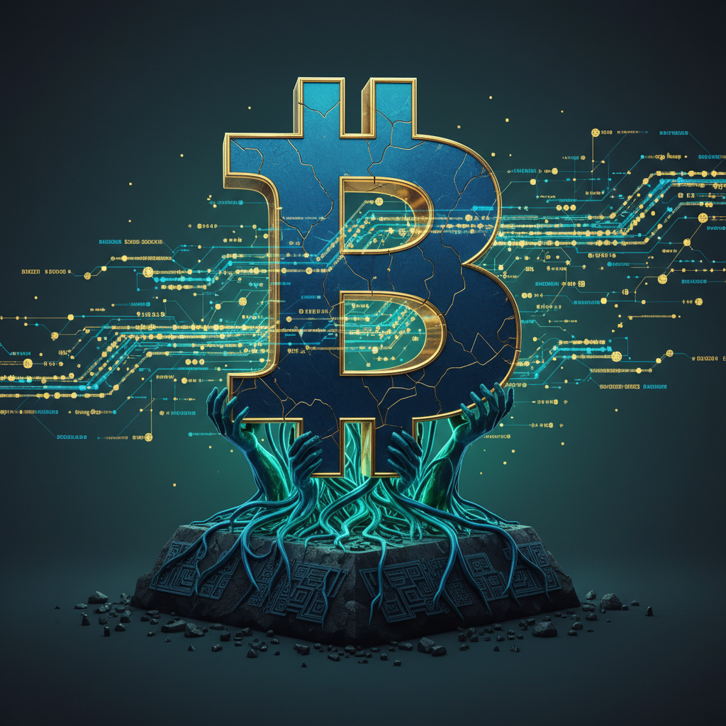 A visually striking depiction of a large, stylized Bitcoin (BTC) symbol, appearing majestic yet subt