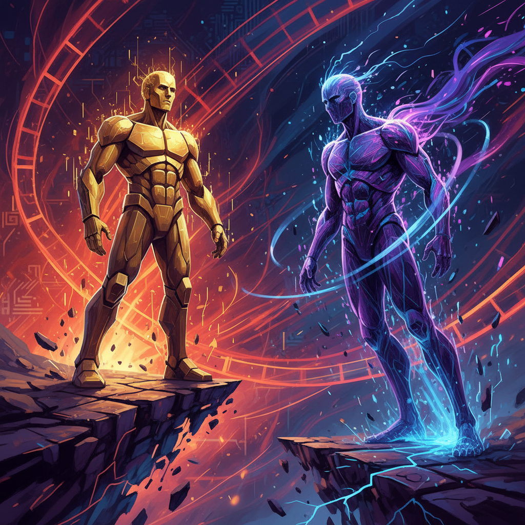 An abstract, artistic representation of two colossal digital giants, symbolizing Bitcoin and Ethereu