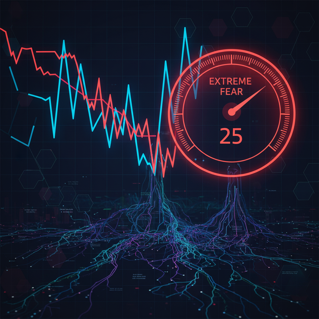 A powerful, symbolic image of the Bitcoin market in 'Extreme Fear.' A downward-trending, jagged line