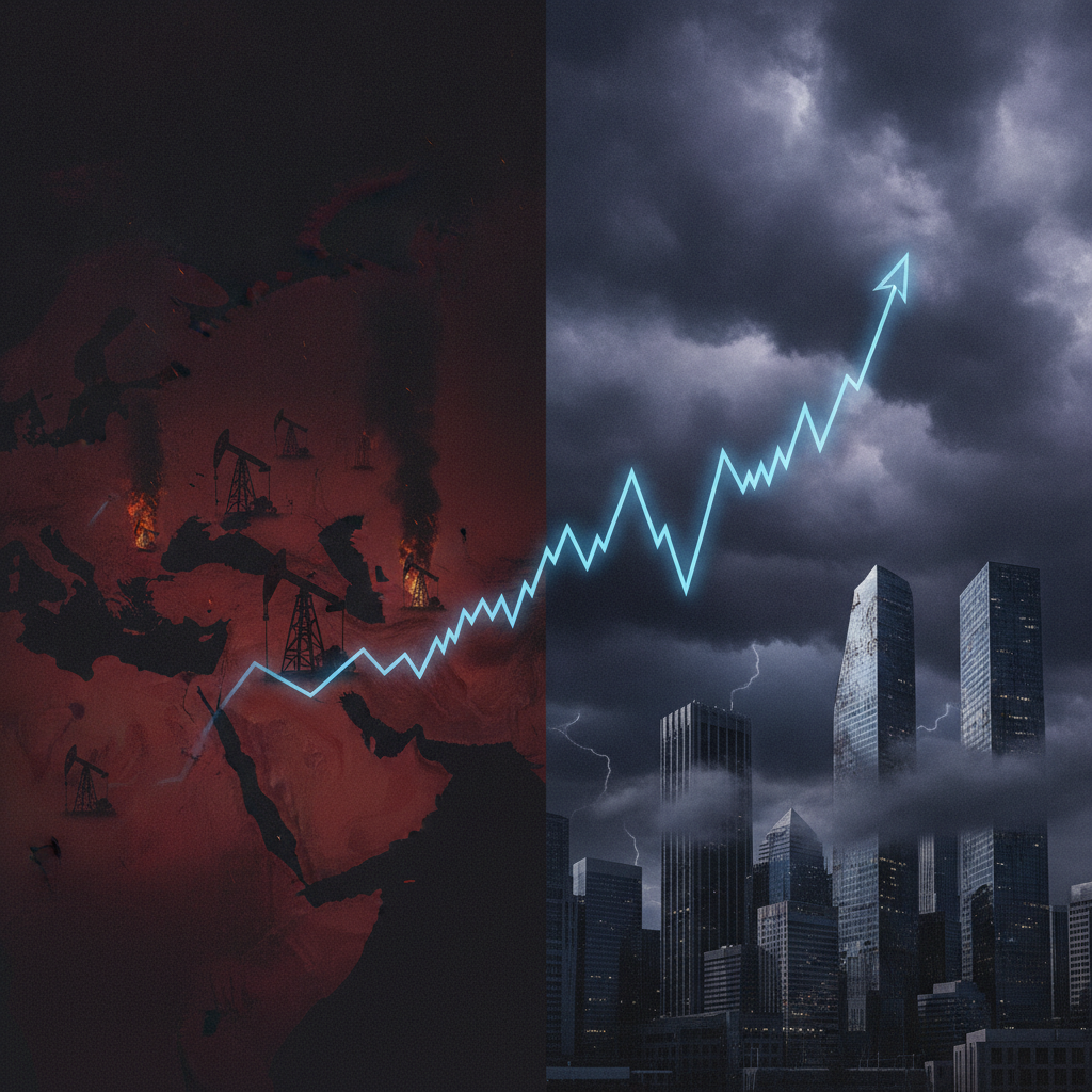 A powerful visual metaphor for global economic pressure: a stylized, dark map of the Middle East wit