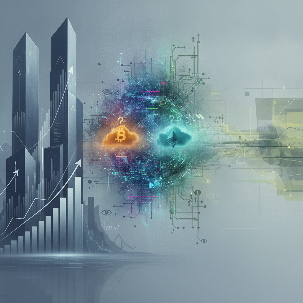 A panoramic, abstract representation of global financial markets and cryptocurrency trends. On one s