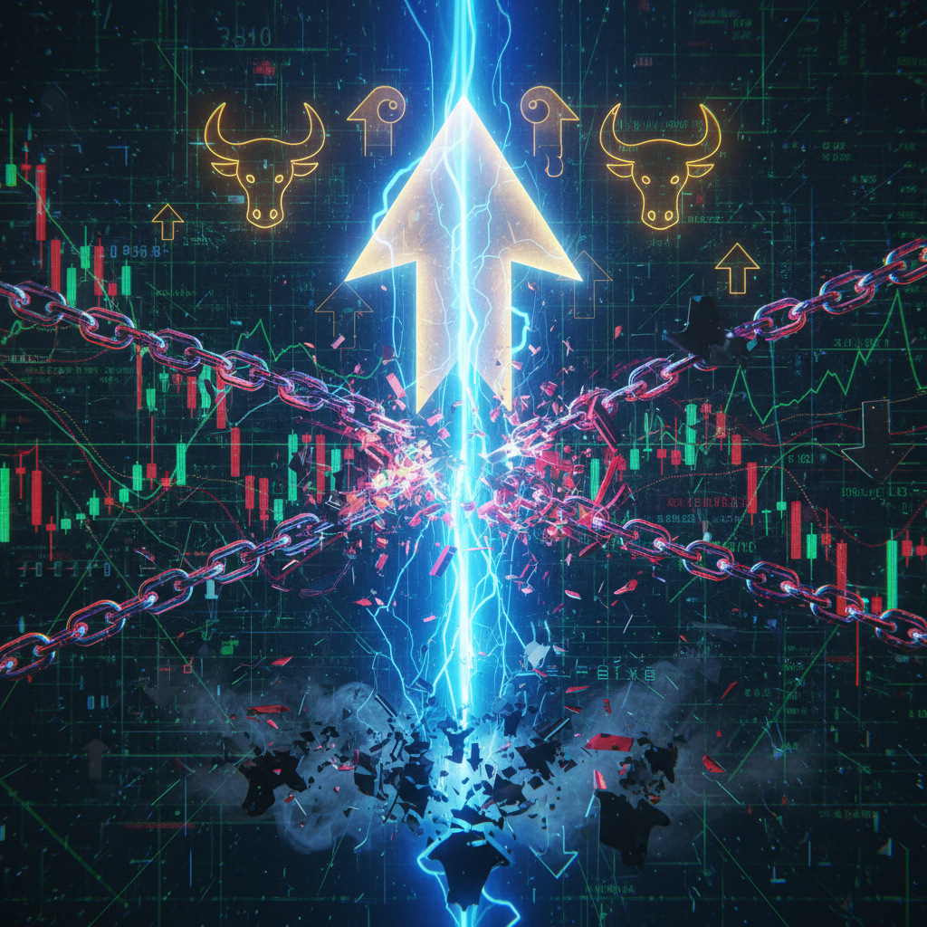 An abstract and dynamic visual representation of a 'short squeeze' in a cryptocurrency market. A pow