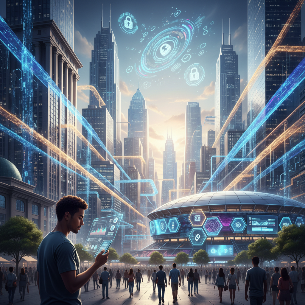 A futuristic and integrated scene showing the evolution of the blockchain industry. Traditional fina