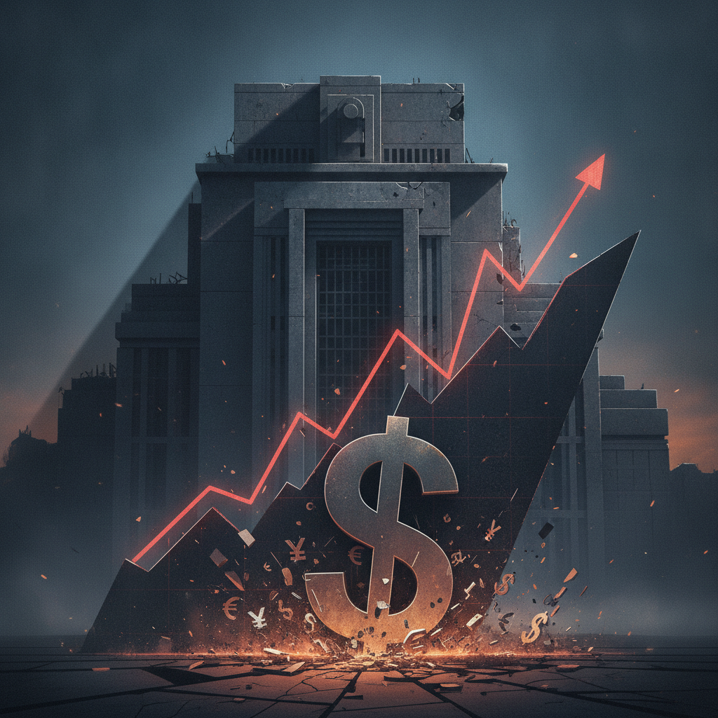 A powerful and abstract image illustrating the 'weight' of macroeconomic pressures. A colossal, styl