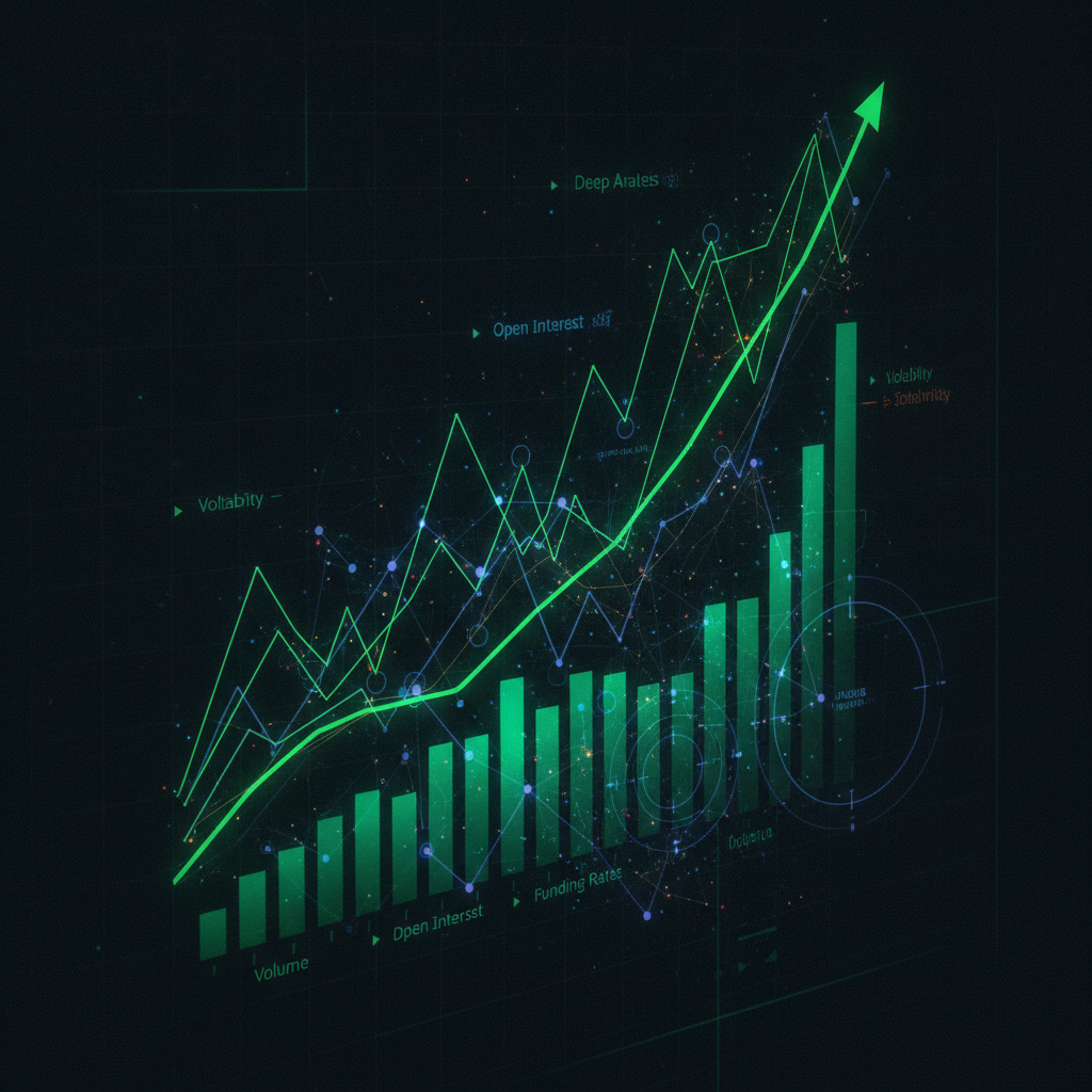 An abstract, dynamic visualization of cryptocurrency market 'top gainers' in a futures trading envir