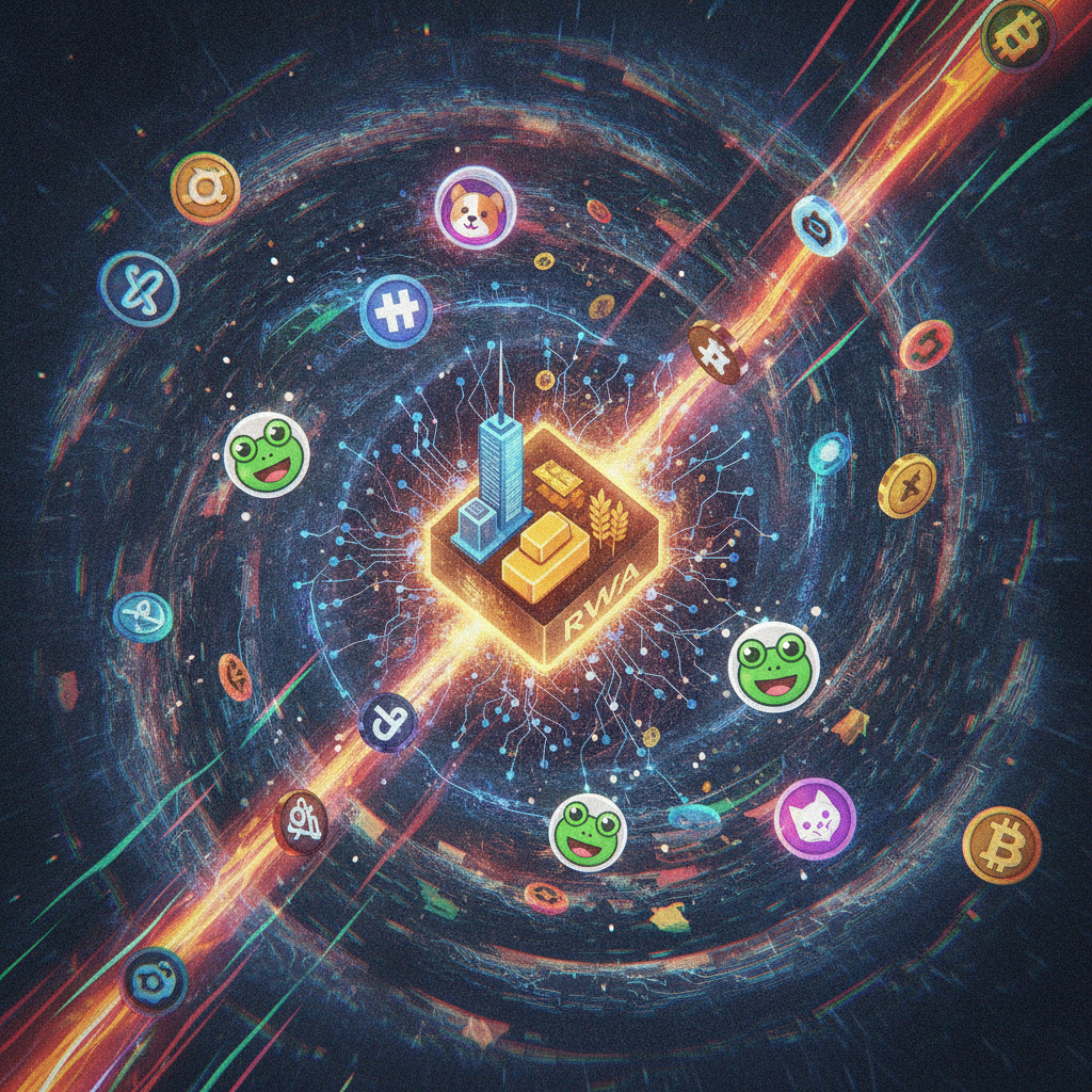 A vibrant, energetic digital art piece illustrating altcoin rotation, meme coins, and the emergence 