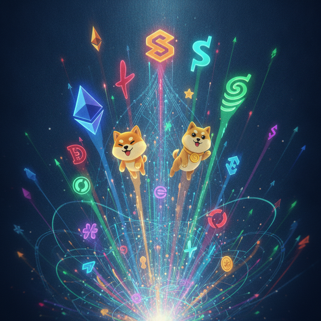 A dynamic and energetic, 1024x1024 square image depicting the explosive surge of diverse altcoins. S