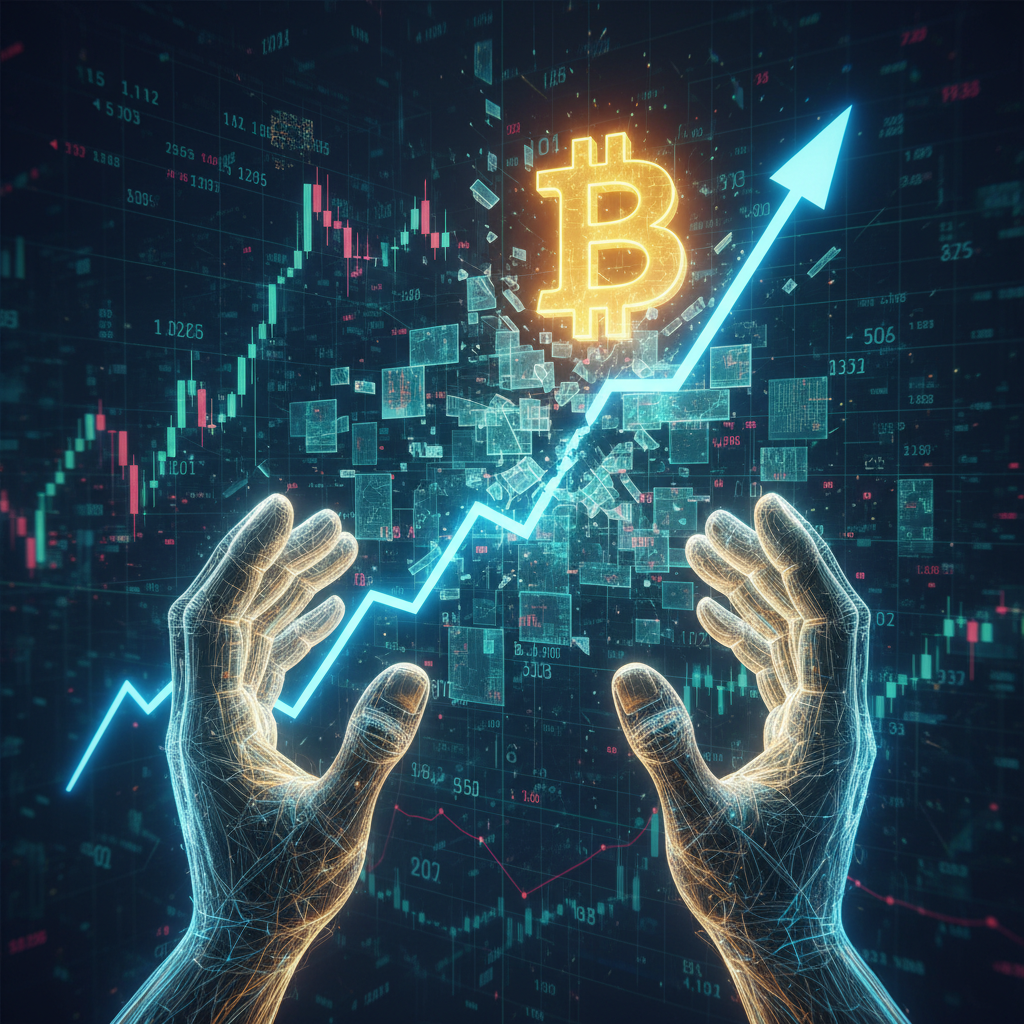 A powerful, glowing Bitcoin symbol (₿) at the apex of a steep, upward trend line, breaking through a